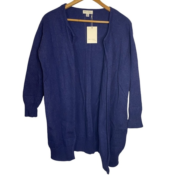 See U Soon Navy Blue Angrora Blend Knit Long Cardigan Pockets Medium Large - Picture 1 of 14